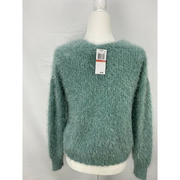 Freshman Juniors Women's Fuzzy V-Neck Sweater Gree - Picture 3 of 6